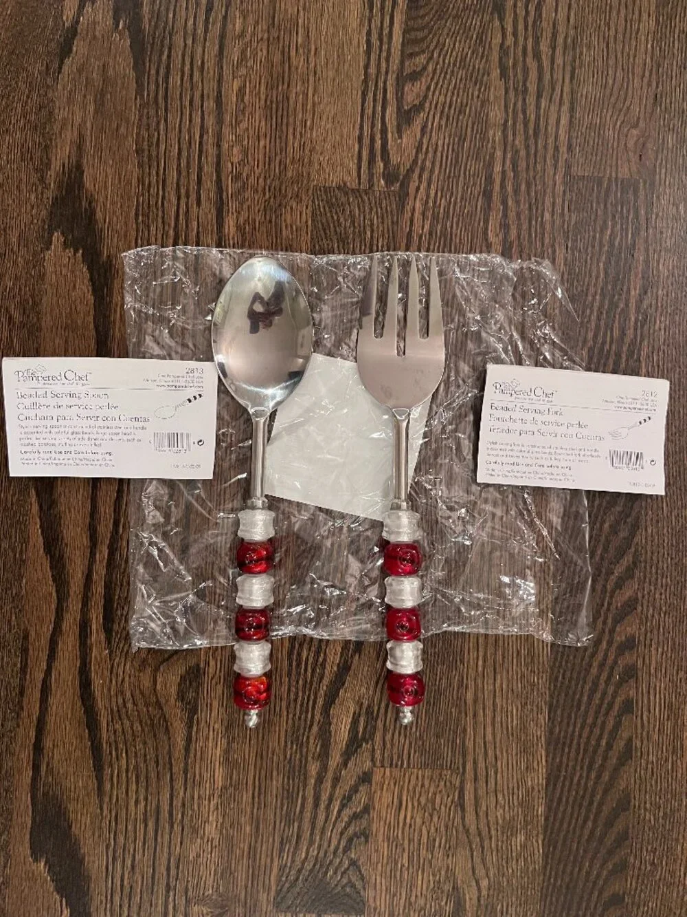 Pampered Chef Beaded Serving Set Stainless Steel Spoon & Fork NWT